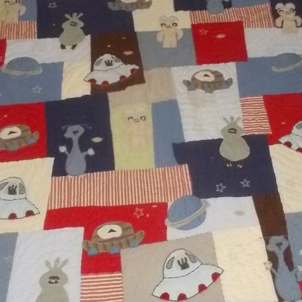 Pottery Barn Kids Outer Space Alien UFO Quilt Full Queen Blue Red Cotton Bedding